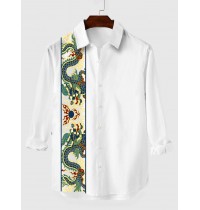 Vintage Style White Chinese Traditional Mythology Dragon Printing Men's Long Sleeve Shirt