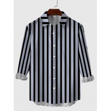 Vertical Stripe Black And ShadeBlue Stitching Button Down Men's Long Sleeve Shirt
